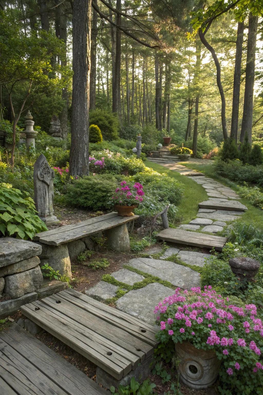A woodland garden featuring weathered wood and stone elements.