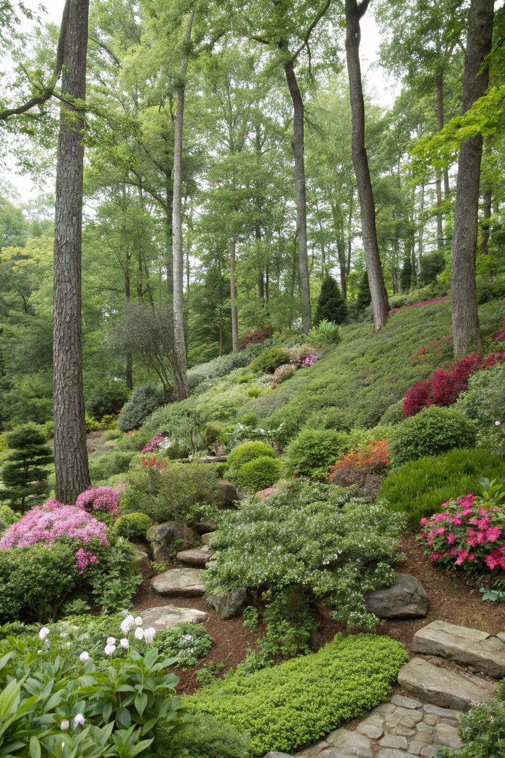 A woodland garden showcasing multi-layered planting with trees, shrubs, and groundcovers.