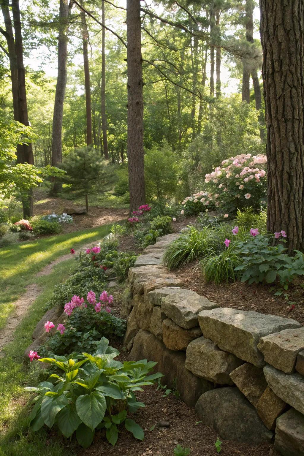 A woodland garden with a mini rock wall delineating a planting bed.