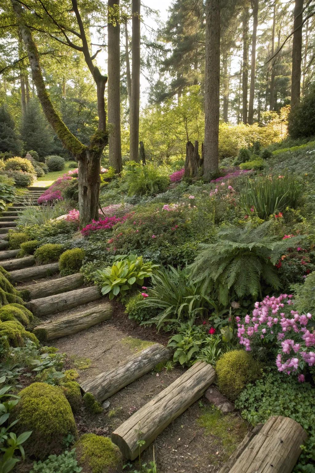 A woodland garden featuring pathways and planting beds edged with logs.