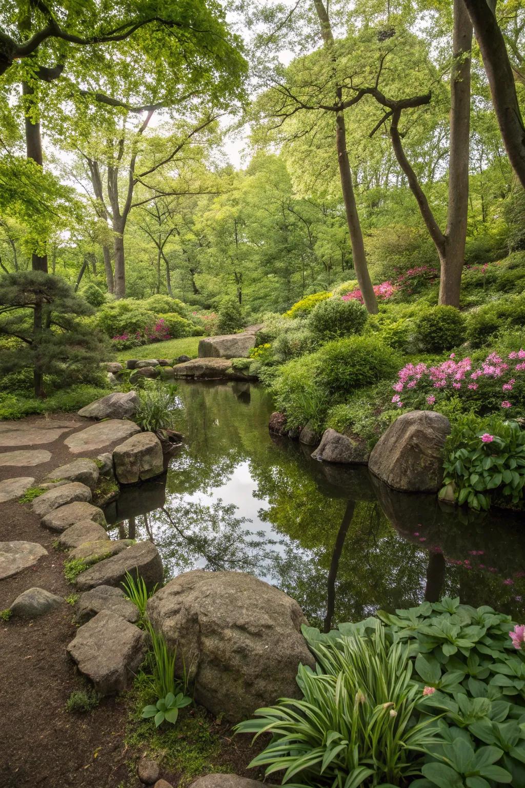 A woodland garden with a small pond surrounded by rocks and lush greenery.