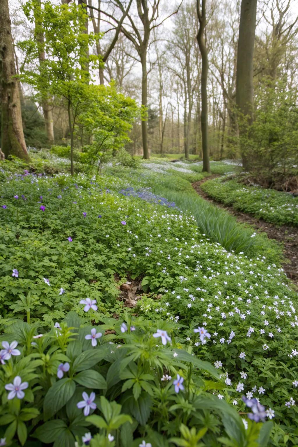 A woodland garden with vinca and sweet woodruff acting as ground covers.