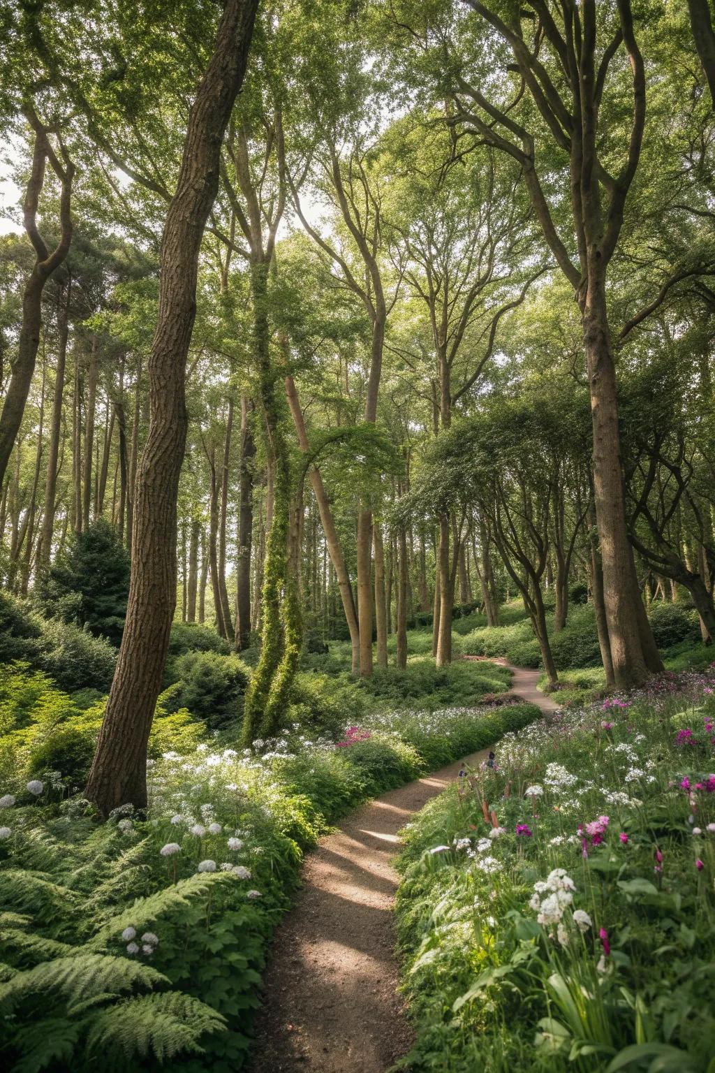 A woodland garden with tall shade trees forming a natural canopy.