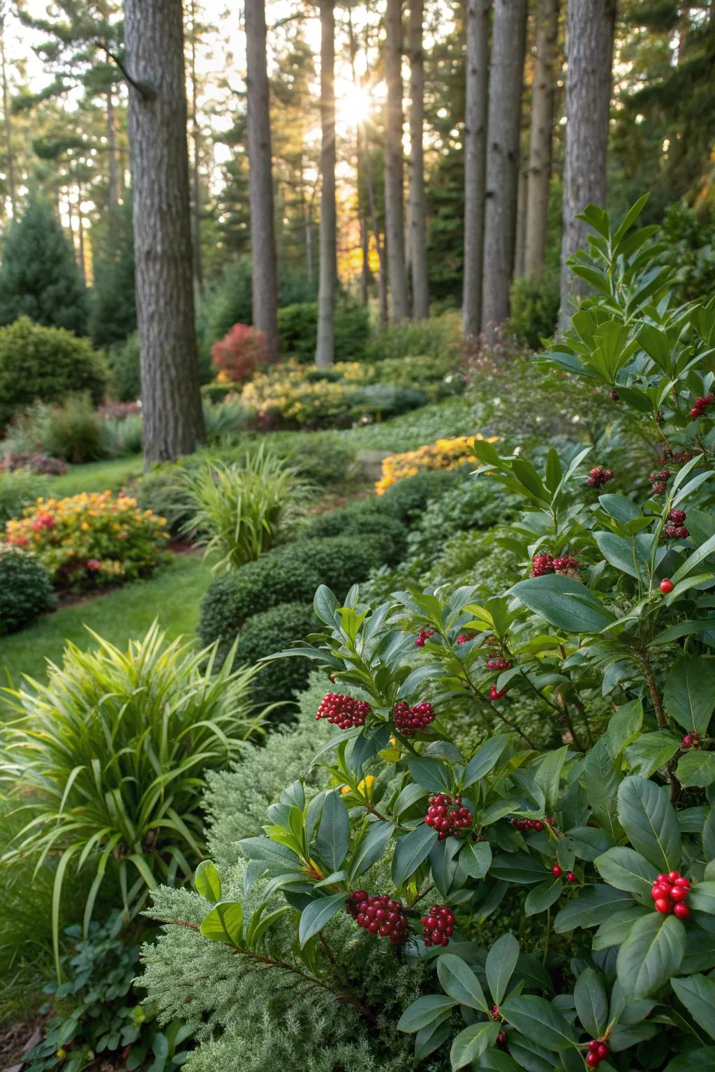 A woodland garden with evergreen and berry-producing shrubs for year-round interest.