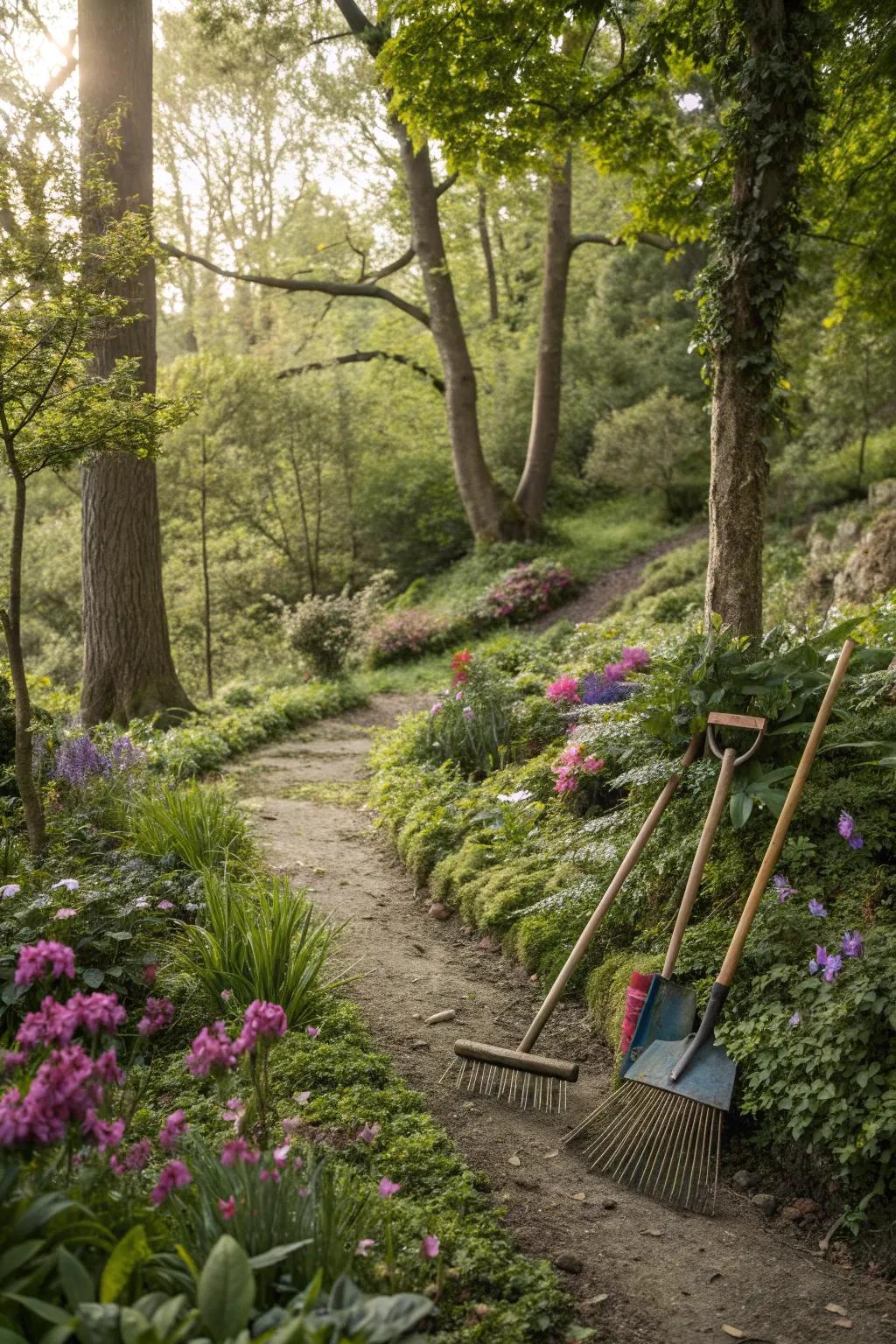 A woodland garden with simple gardening tools such as a broom and rake for easy maintenance.