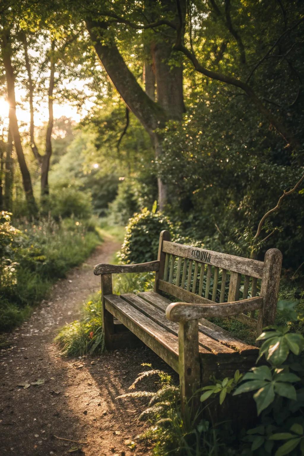 A rustic wooden bench nestled in a woodland garden with dappled sunlight filtering through the trees.