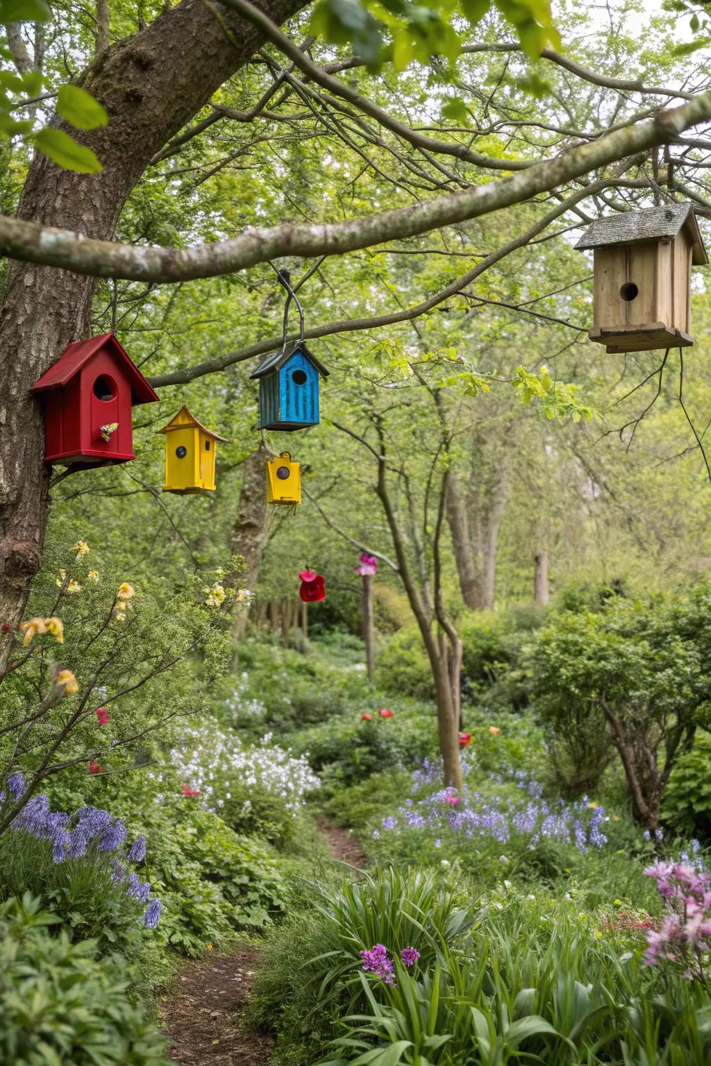 A woodland garden adorned with colorful birdhouses hanging from tree branches.