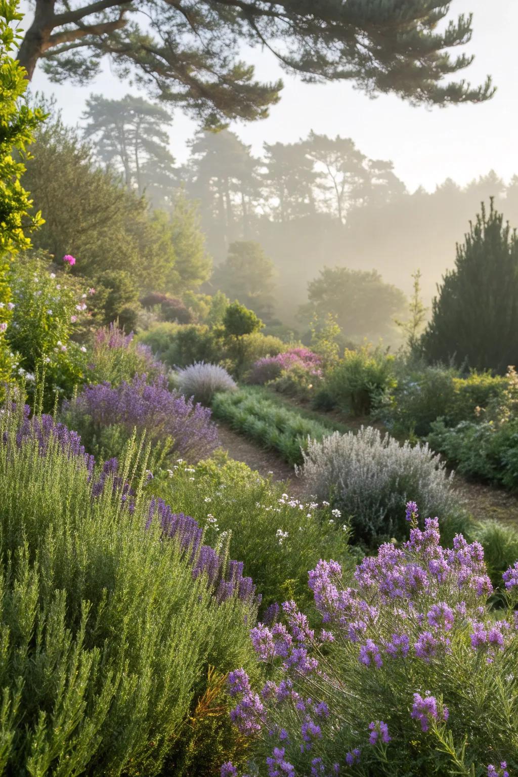 A woodland garden with fragrant flowers such as lavender and rosemary.