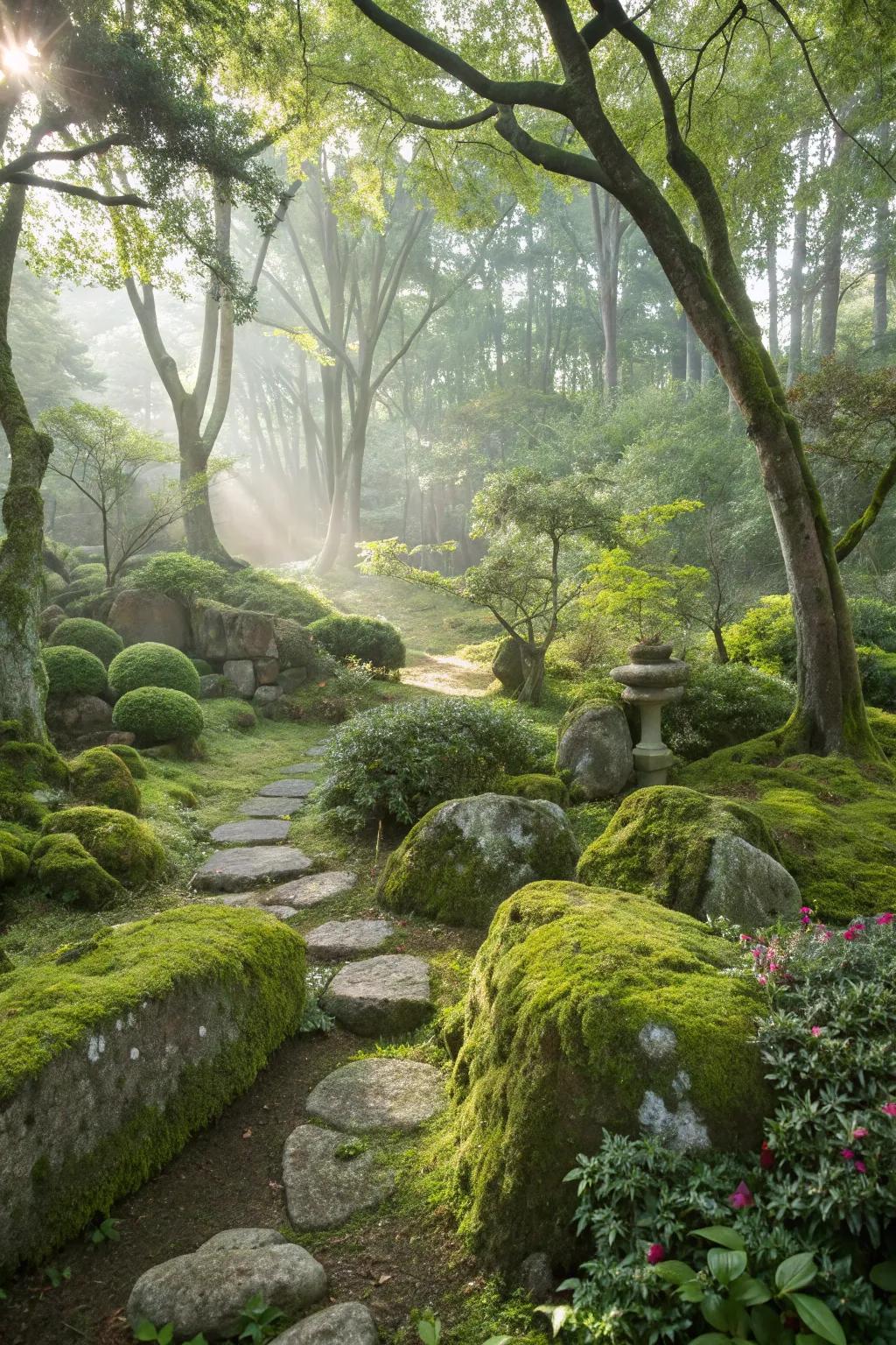 A woodland garden with natural stone formations accentuated by moss.