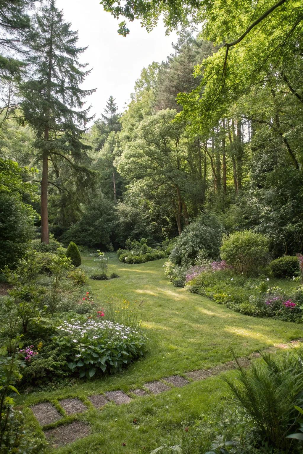 A woodland garden featuring a small grassy area surrounded by dense foliage.