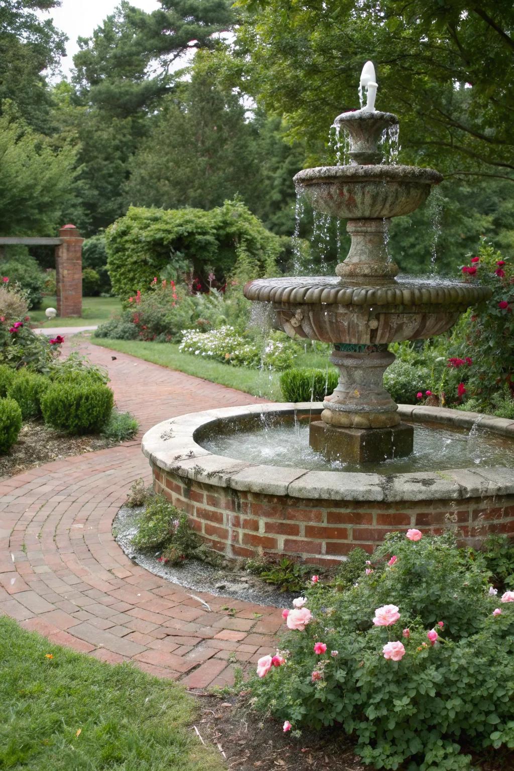 A blend of brick and stone adds rustic charm to a garden fountain.