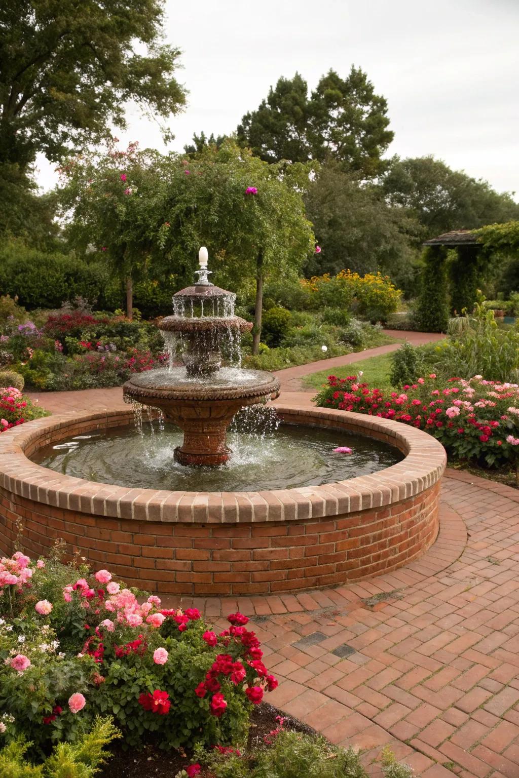 A circular brick fountain brings balance and charm to any garden.