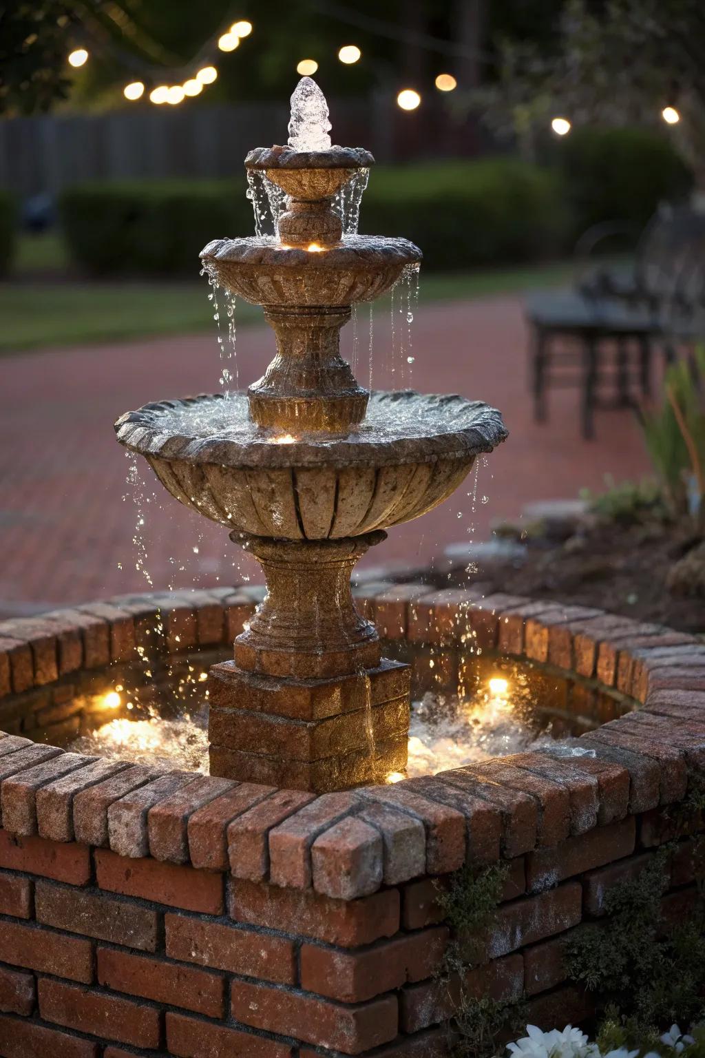 Glass accents add a surprising twist to a brick fountain.