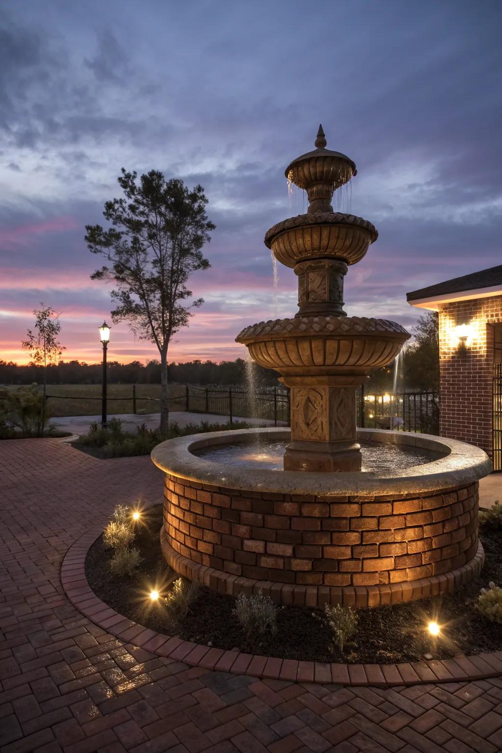 Lighting transforms a brick fountain into a nighttime focal point.