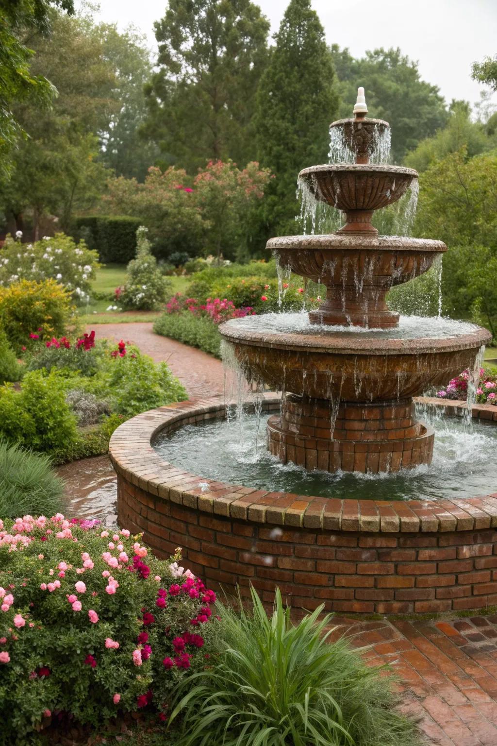 A multi-tiered fountain provides a dynamic water feature with cascading water.