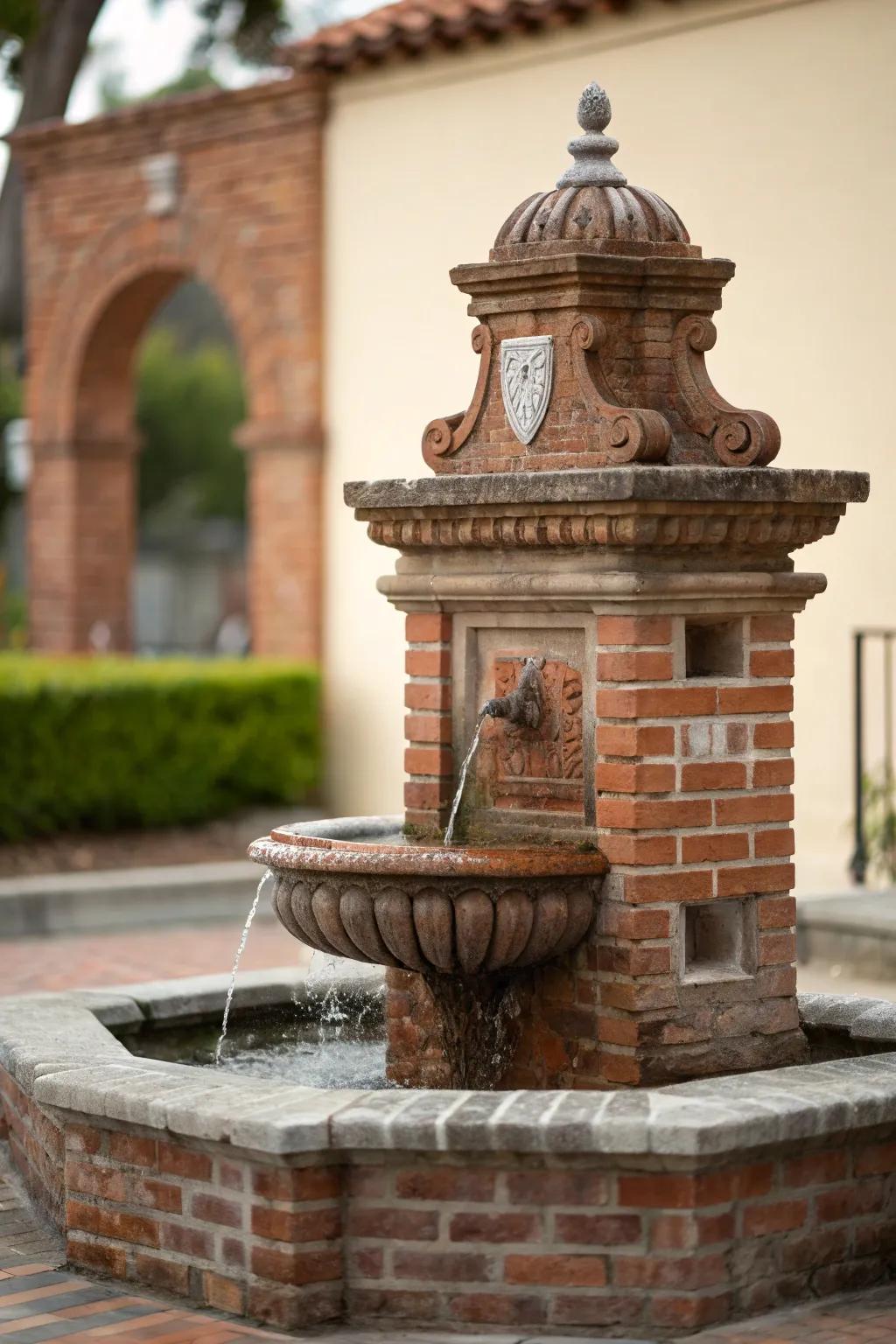Vintage charm adds nostalgia to a brick fountain.