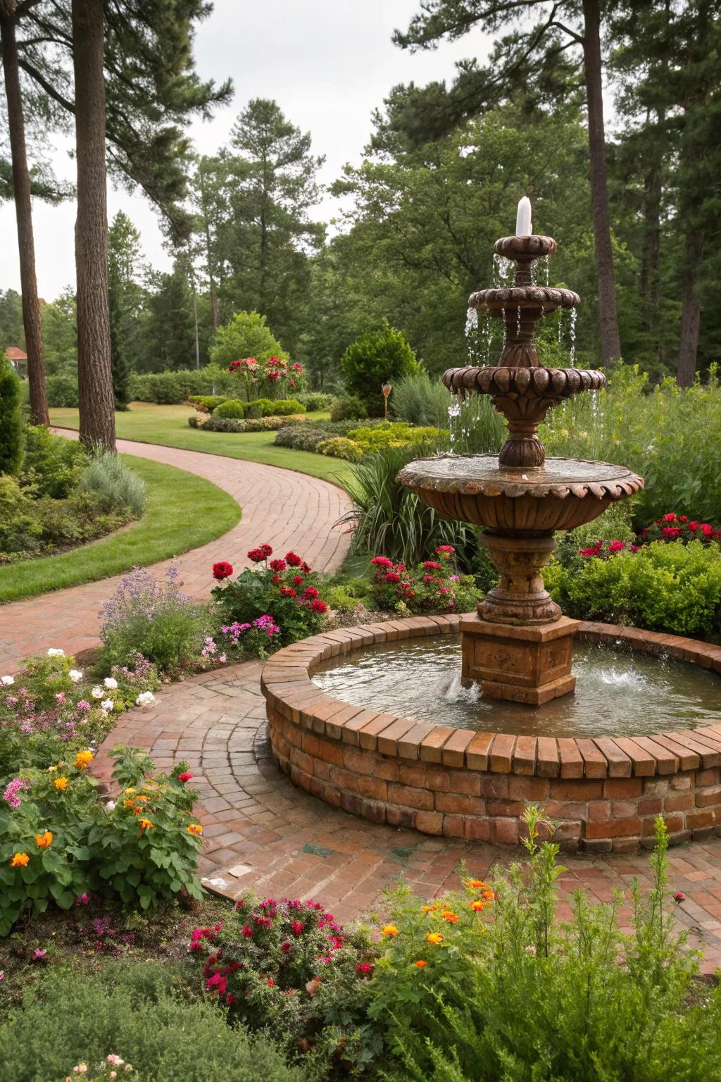 Wood and brick combine for a warm, textured fountain.