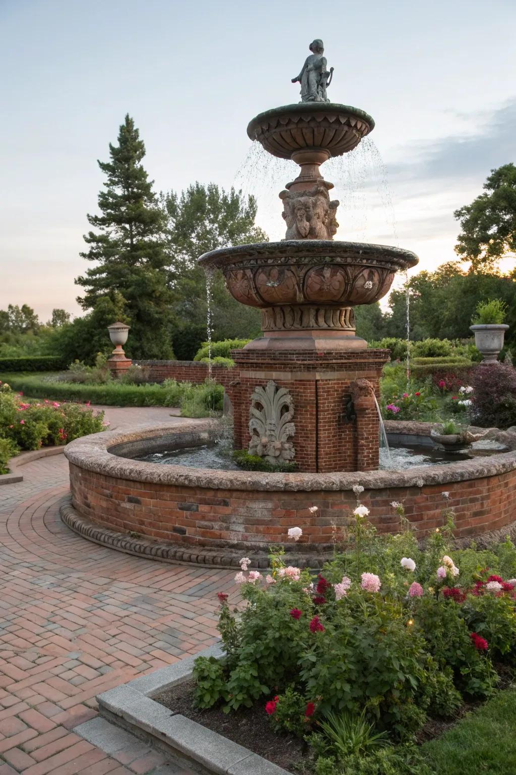 Sculptural elements add an artistic touch to a brick fountain.