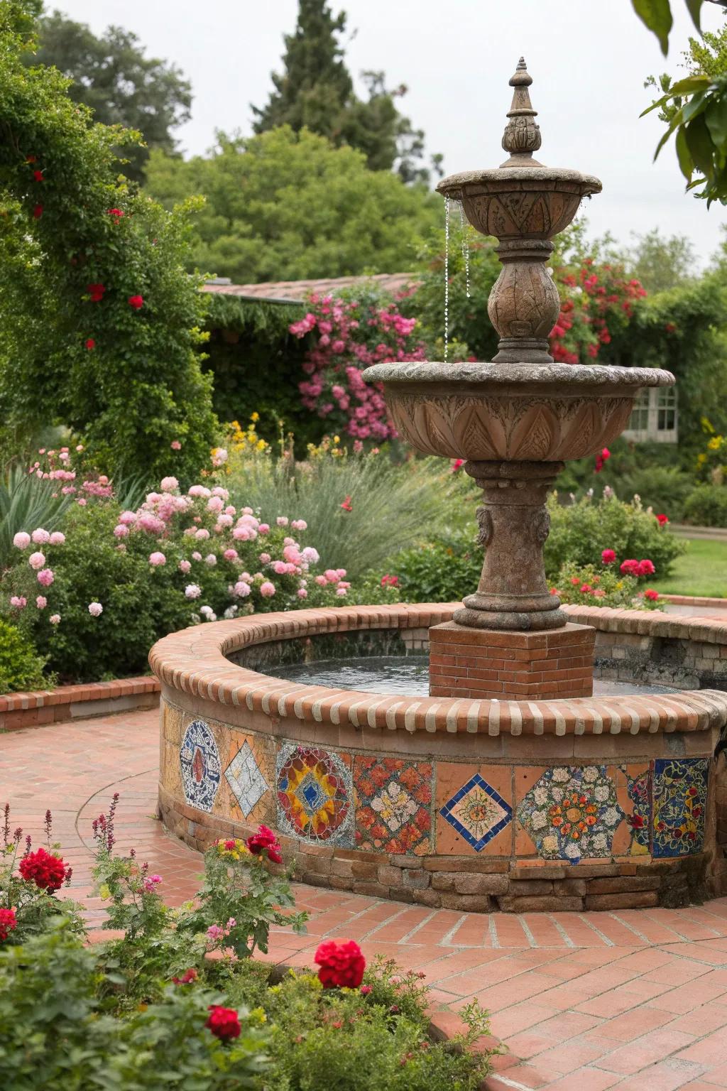 Mosaic accents bring color and creativity to a brick fountain.