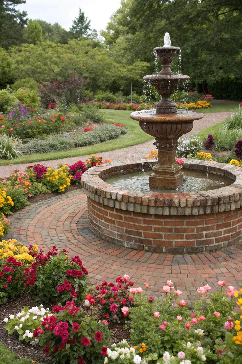 Floral accents enhance the beauty of a brick fountain.