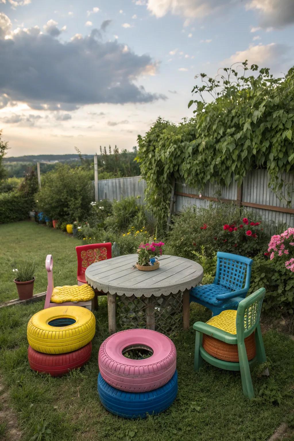Unique garden seating made from recycled tires.