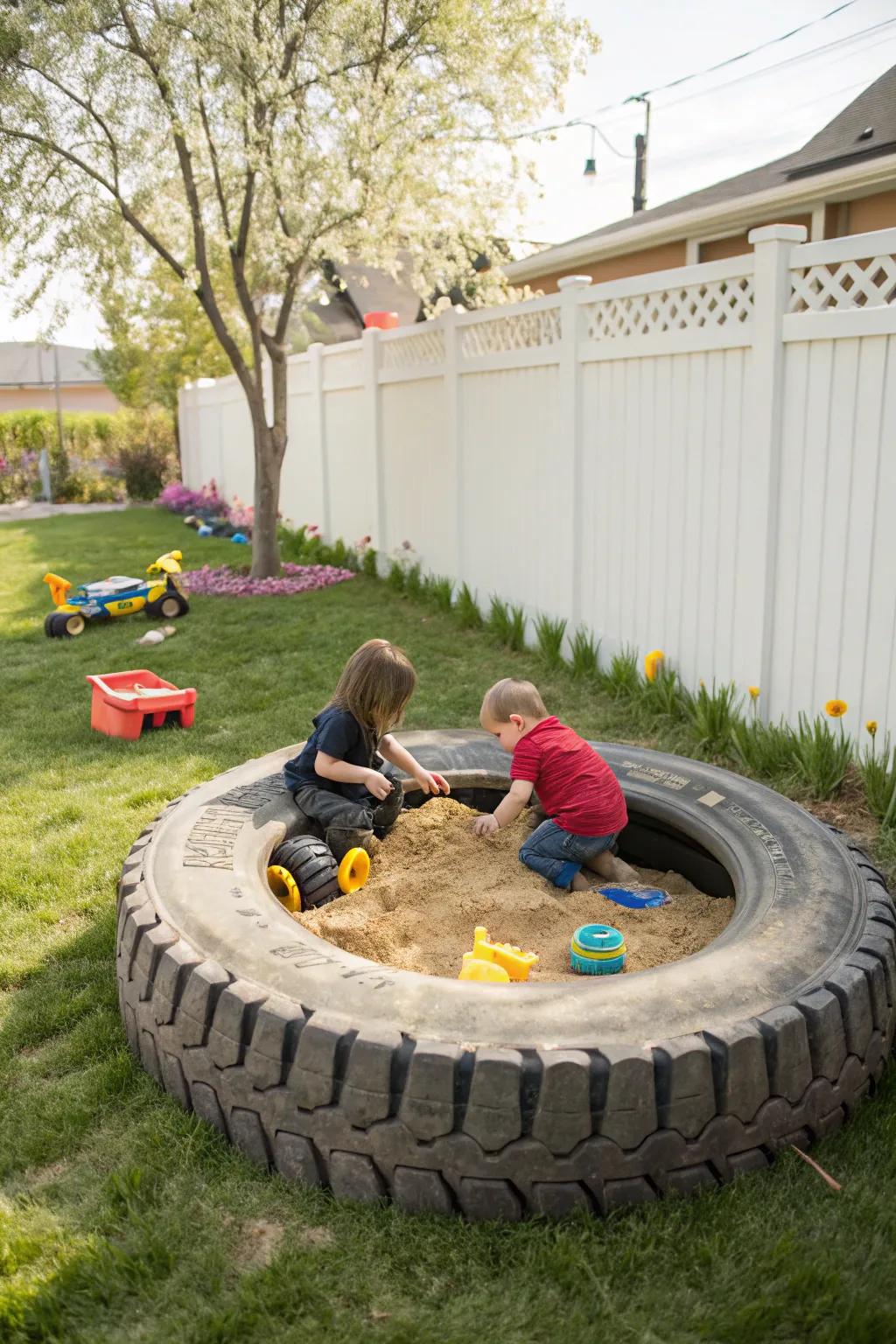 Fun tire sandpit for children's playtime.