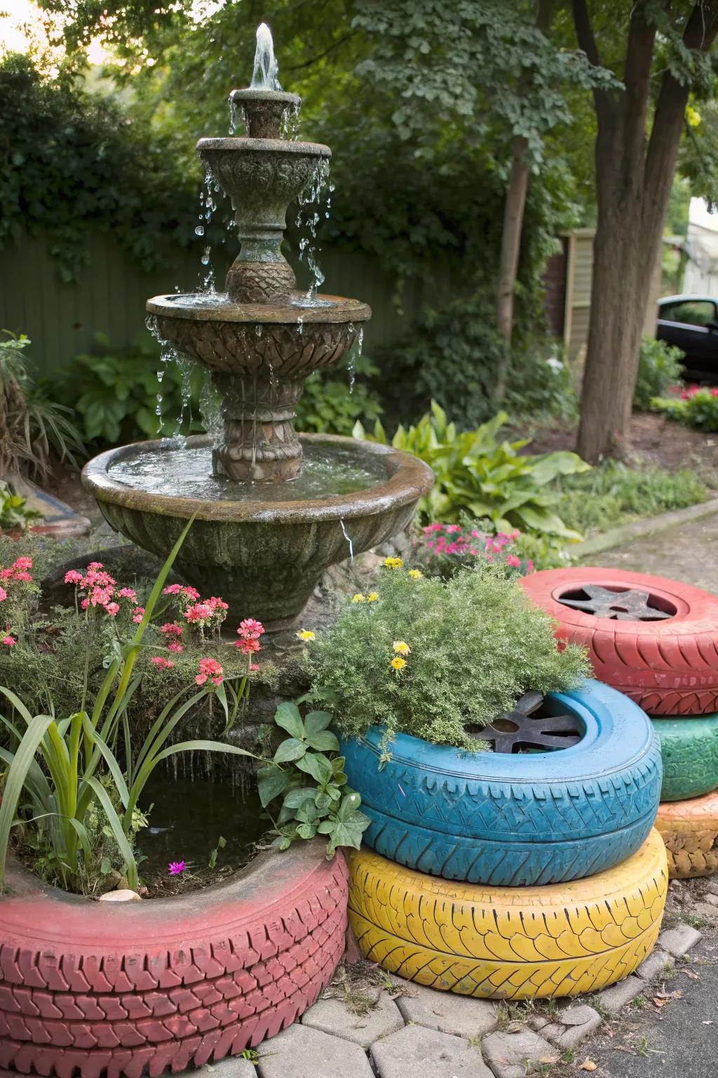 Unique tire fountain for a tranquil garden.