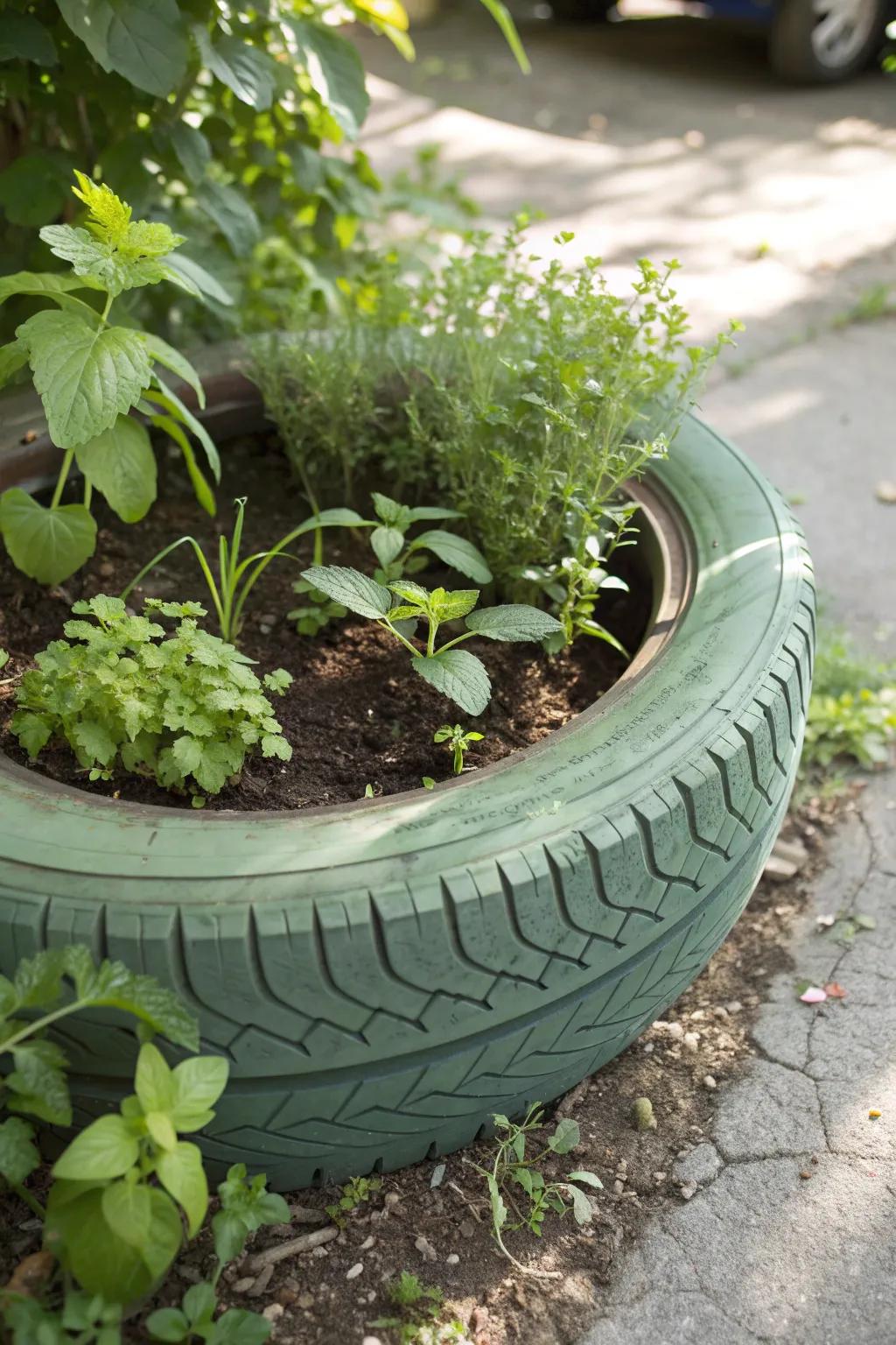 Tire herb garden for fresh kitchen ingredients.