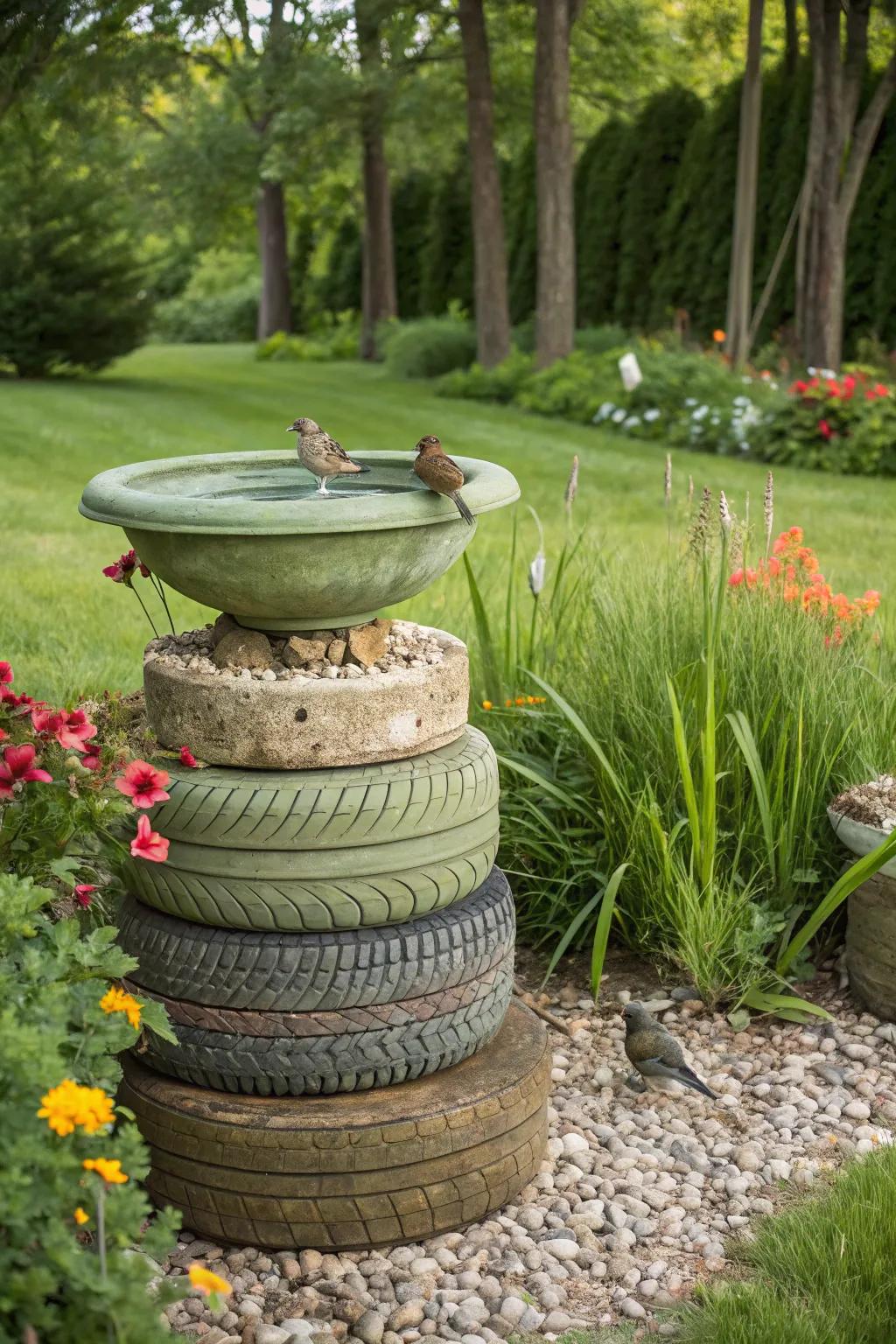 Artistic bird bath made from recycled tires.