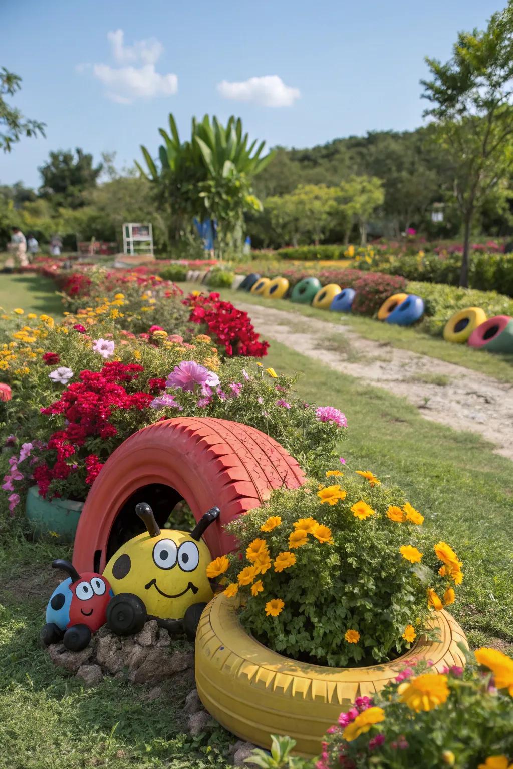 Charming animal-shaped tire planters in the garden.