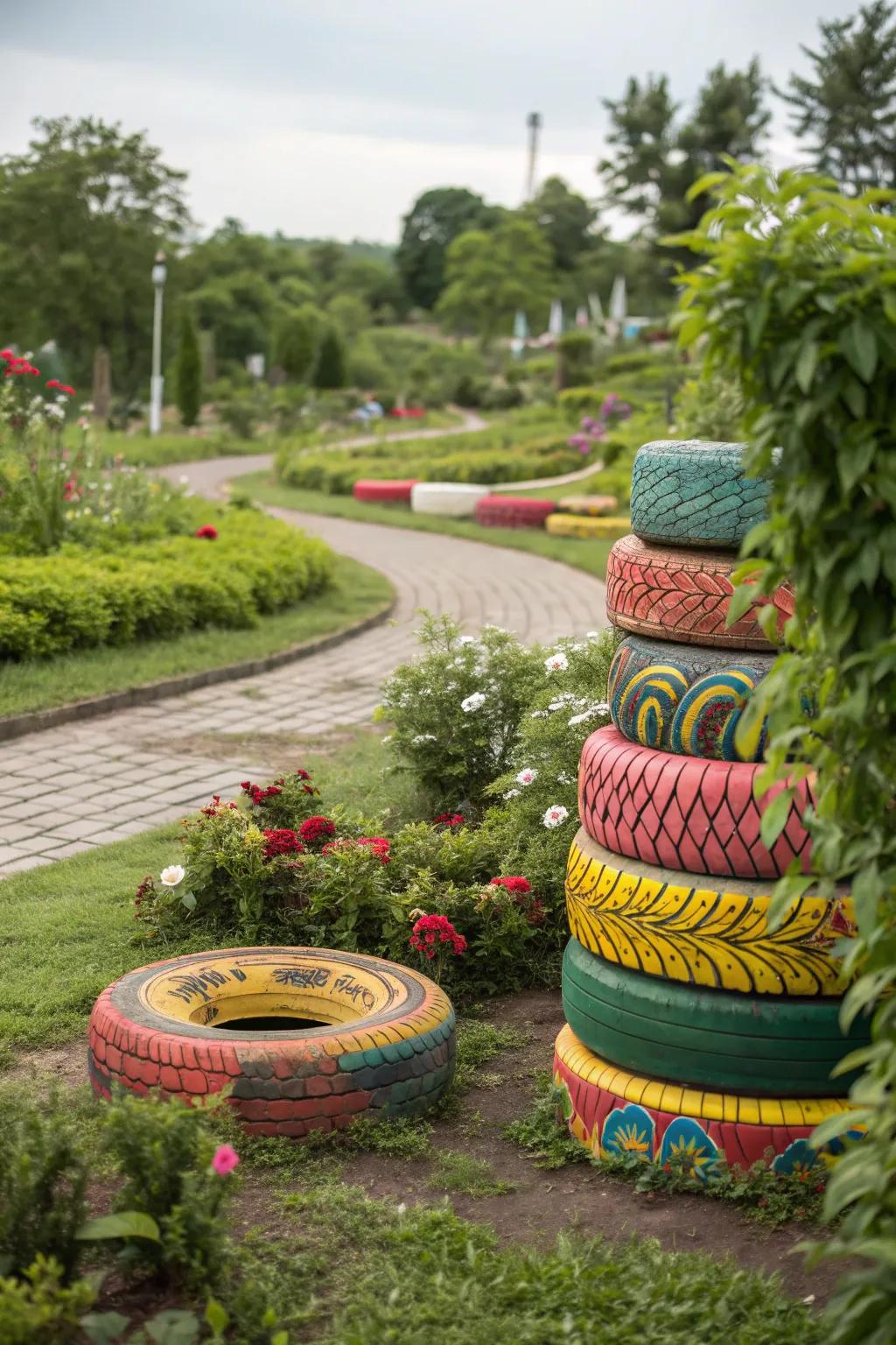 Bold tire sculptures as garden focal points.