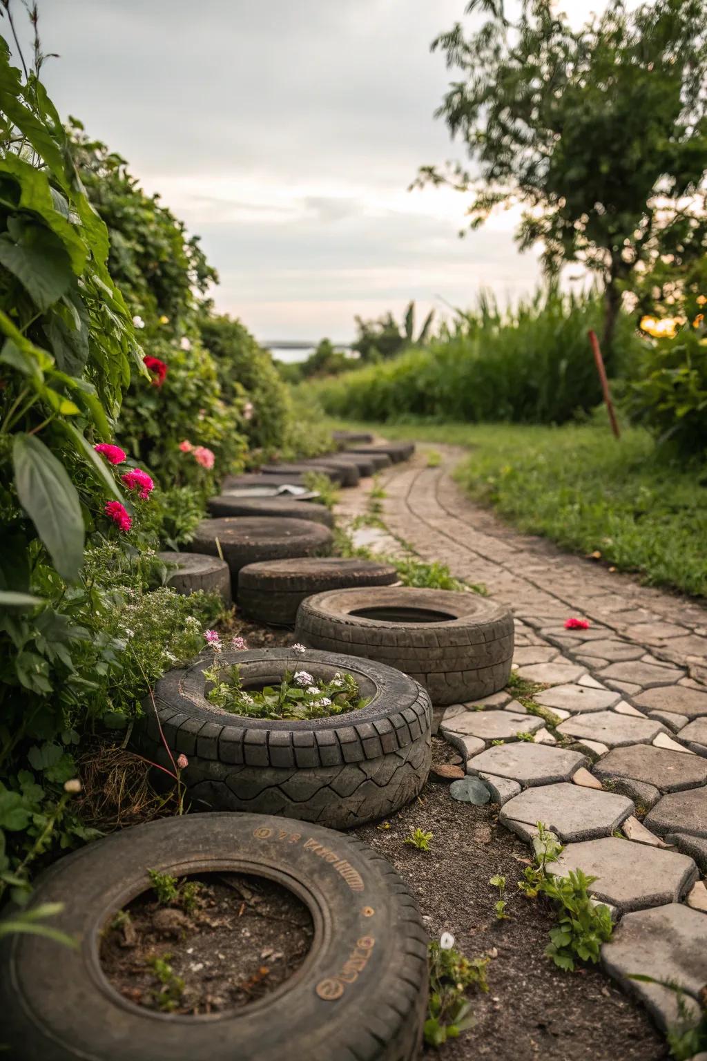 Eco-friendly tire pavers for garden pathways.
