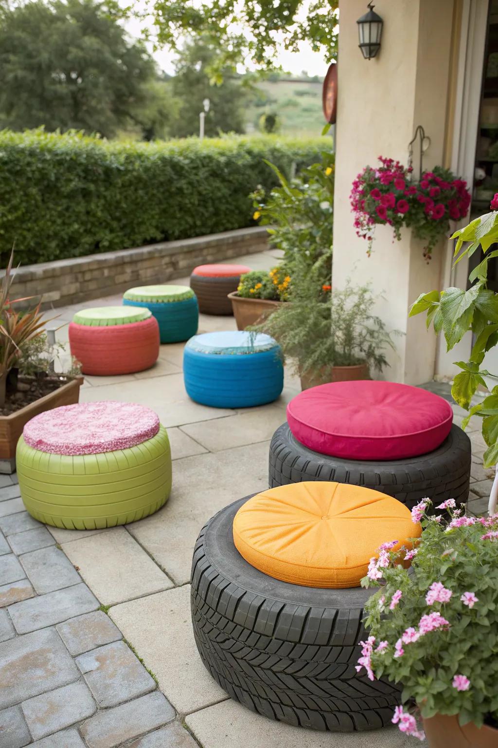 Comfortable garden stools made from recycled tires.
