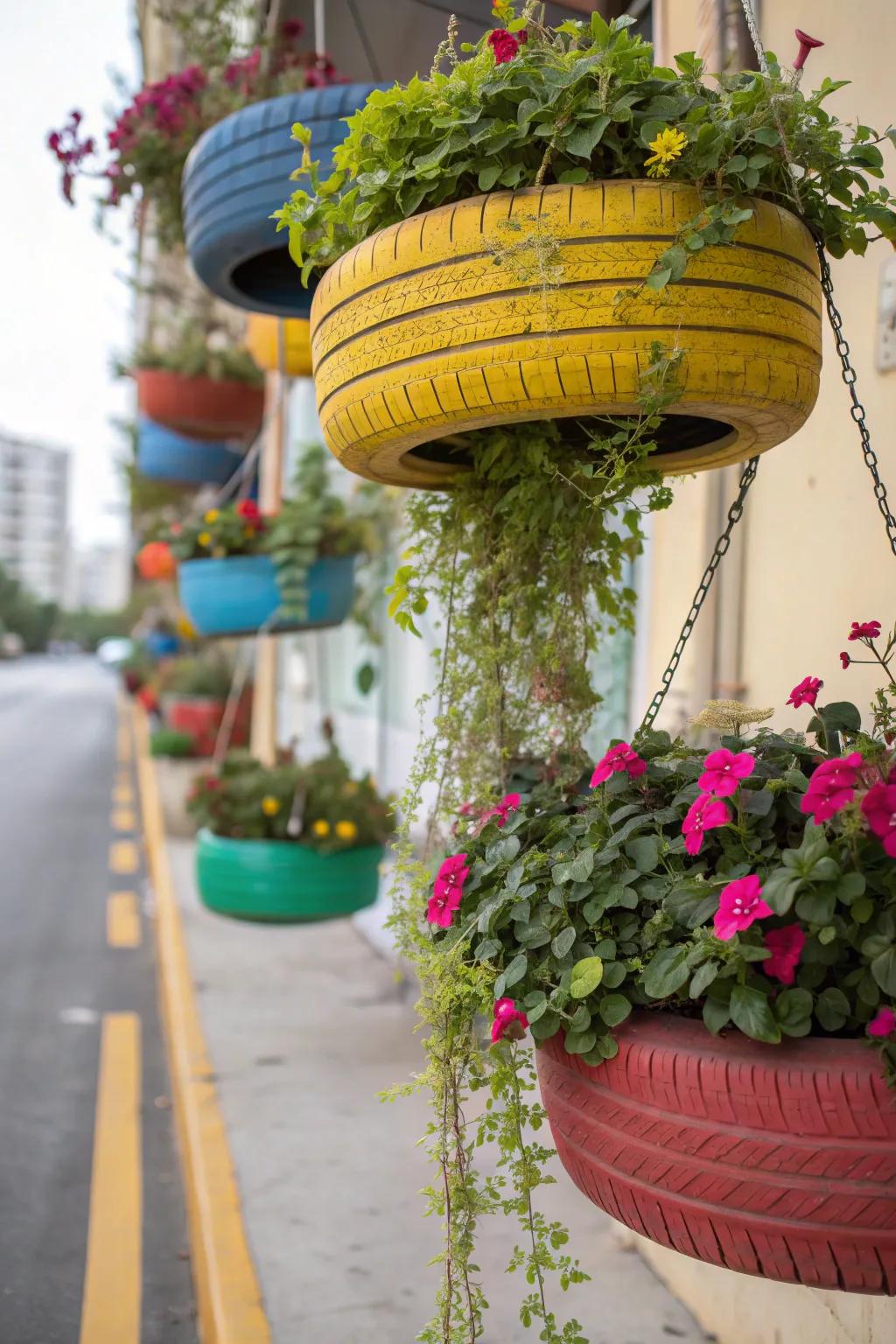 Vertical garden with hanging tire planters.