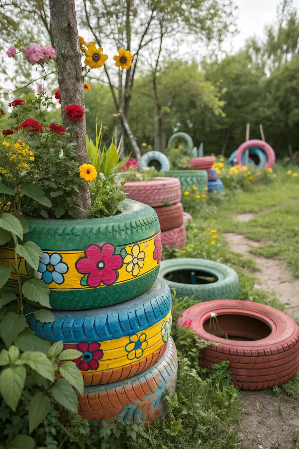 Whimsical tire totems for a magical garden.