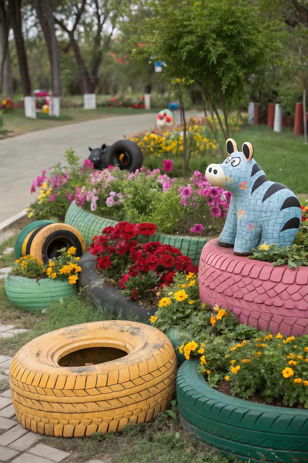 Whimsical animal-shaped tire planters.
