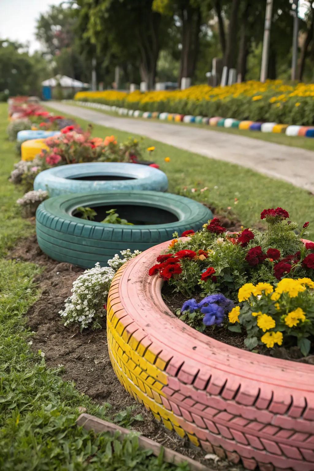 Tires as colorful borders for flower beds.