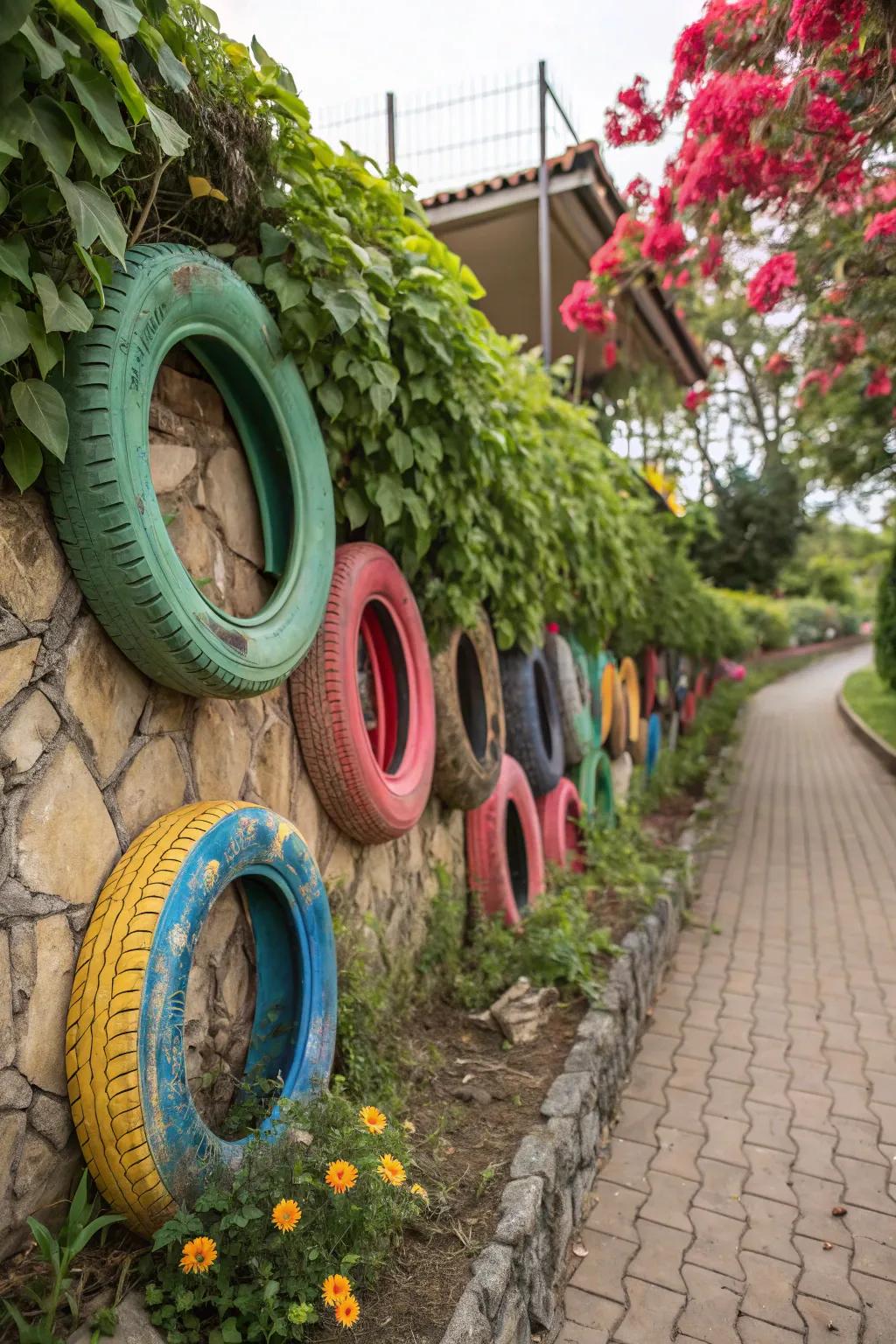 Striking tire wall art for a vibrant garden.