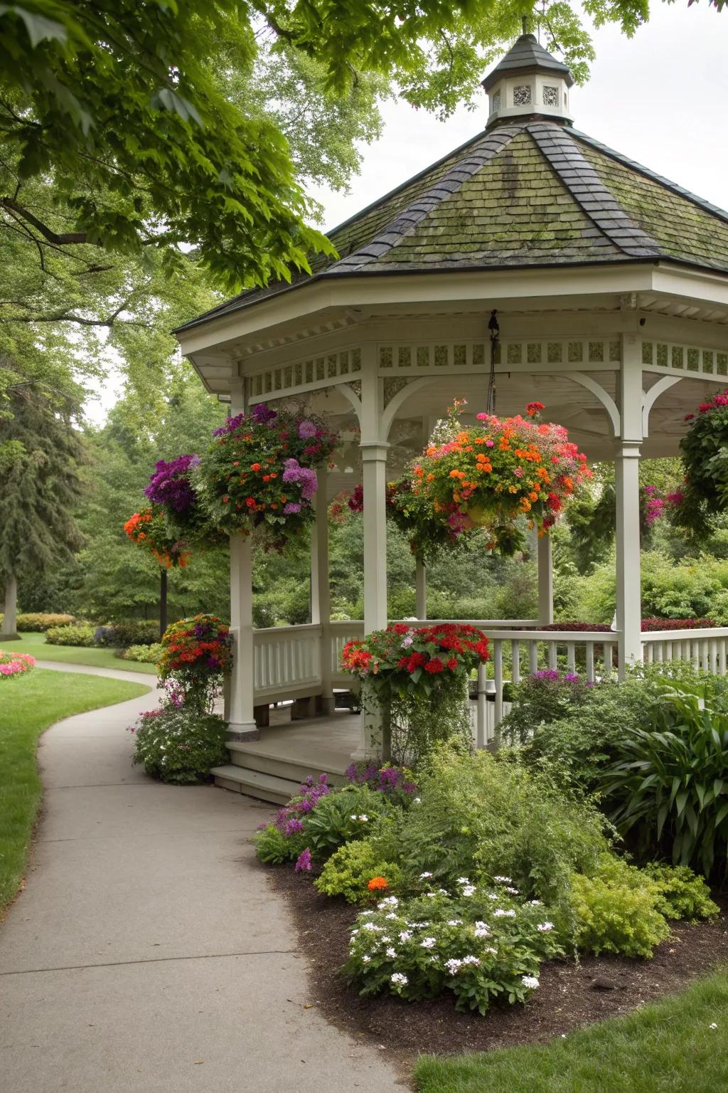 A gazebo adorned with vibrant hanging plants.
