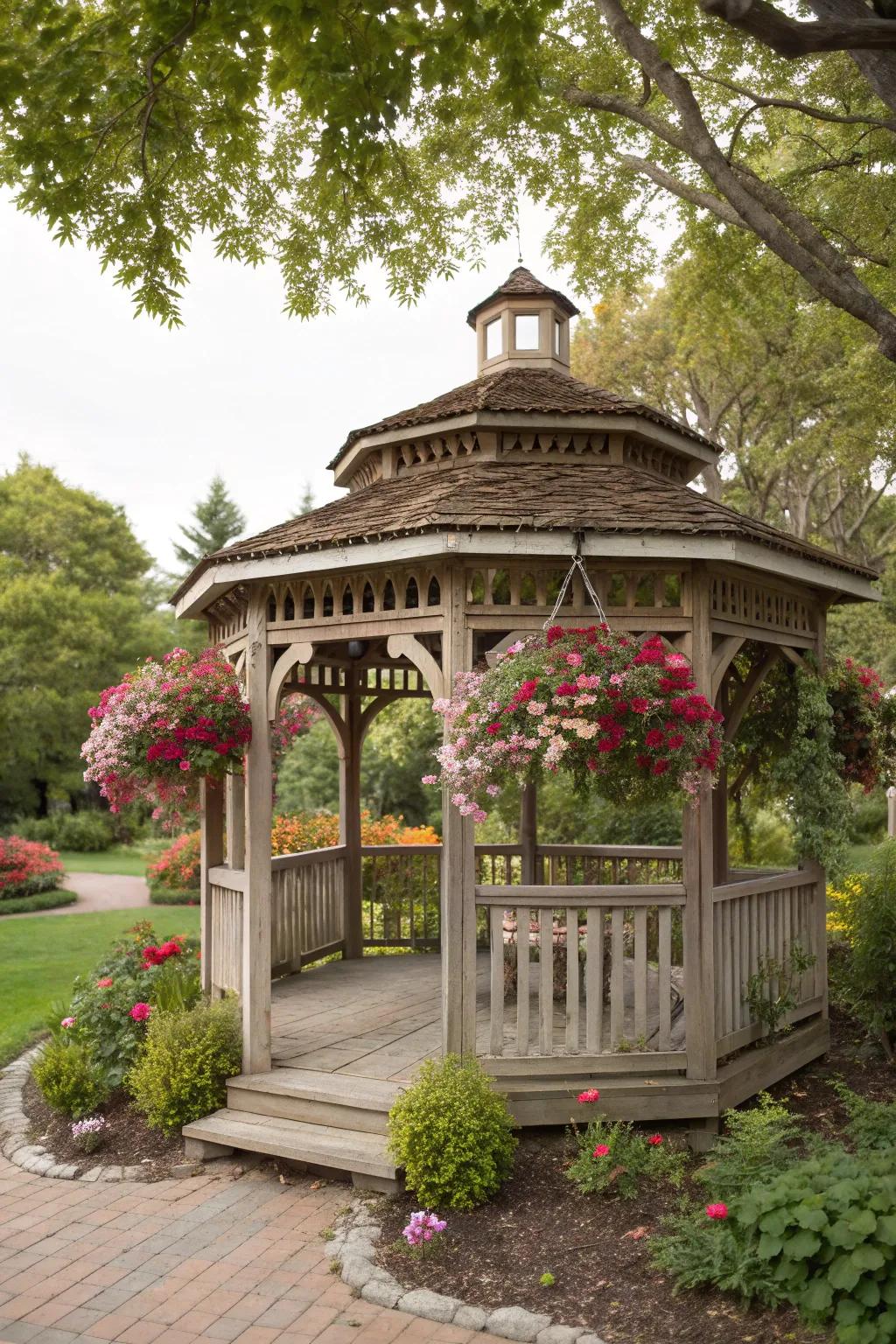 A rustic wooden gazebo nestled in a garden oasis.