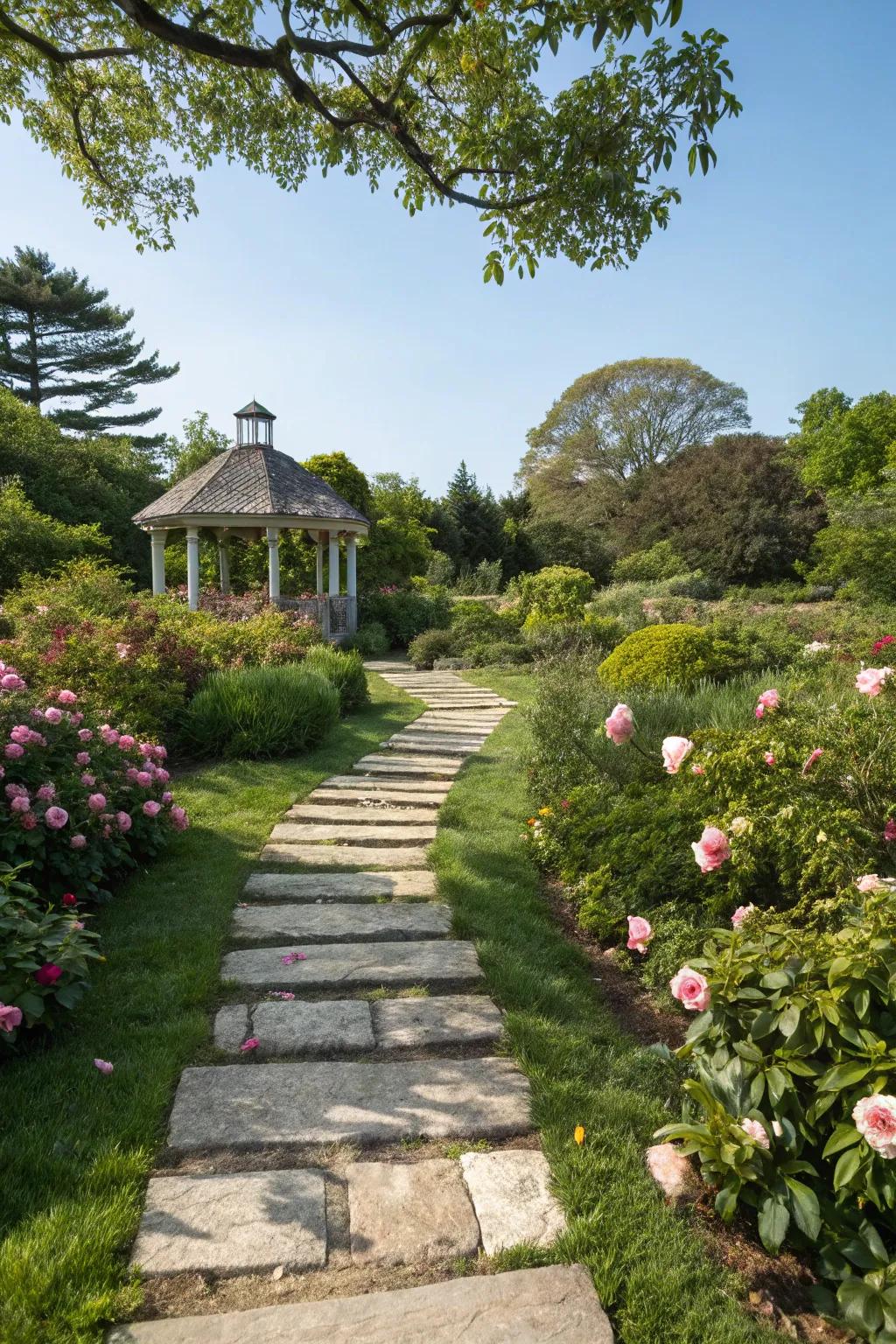 A charming stone pathway leading to a gazebo.