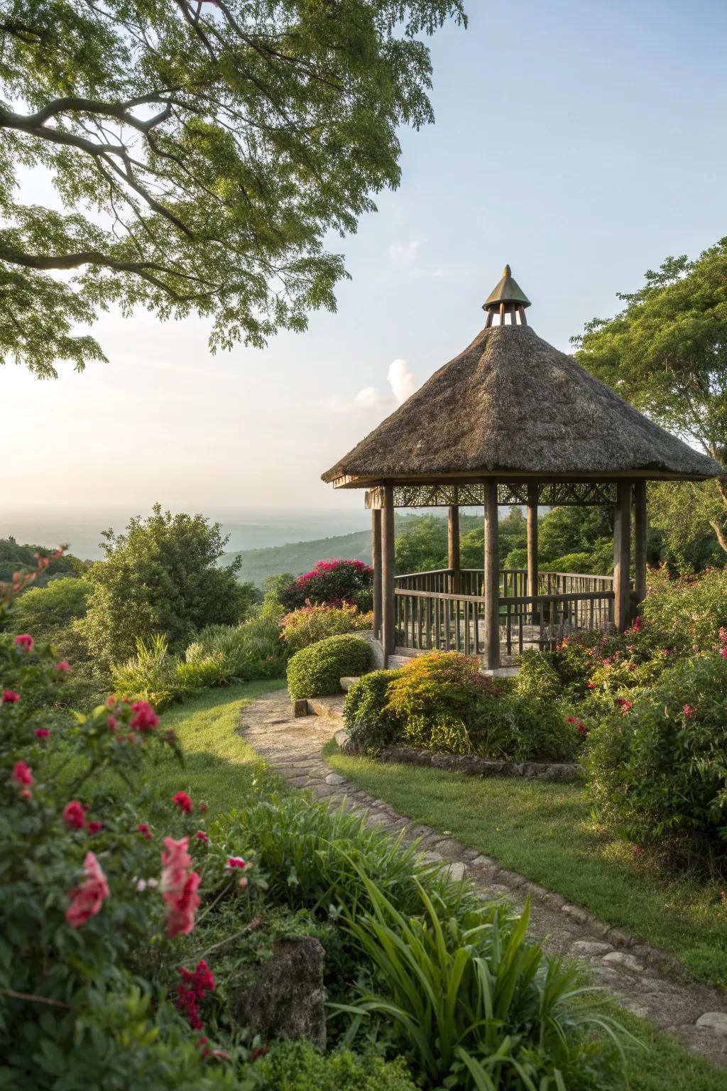 A gazebo with a distinctive thatched roof design.