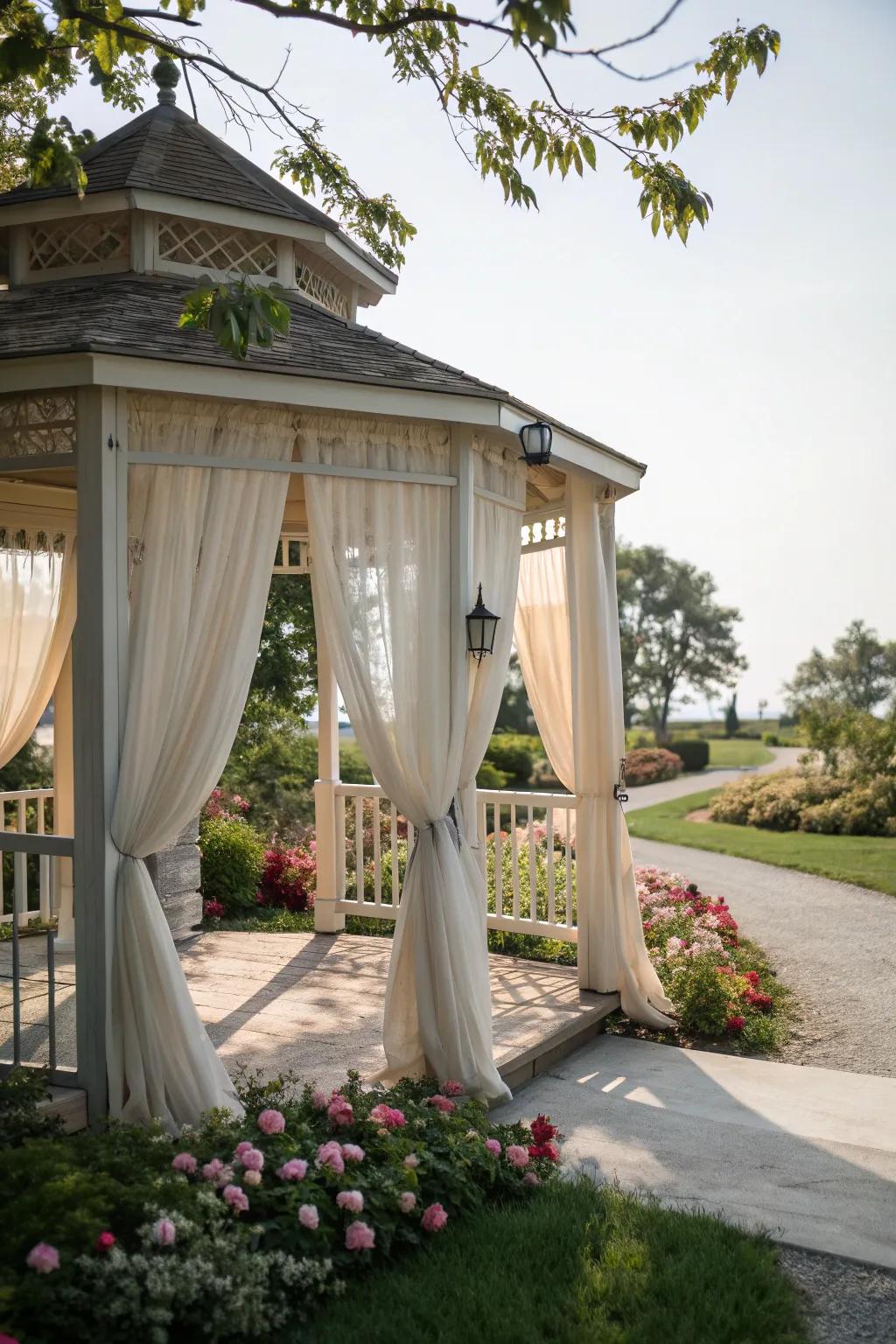 Elegant curtains add privacy and style to a gazebo.