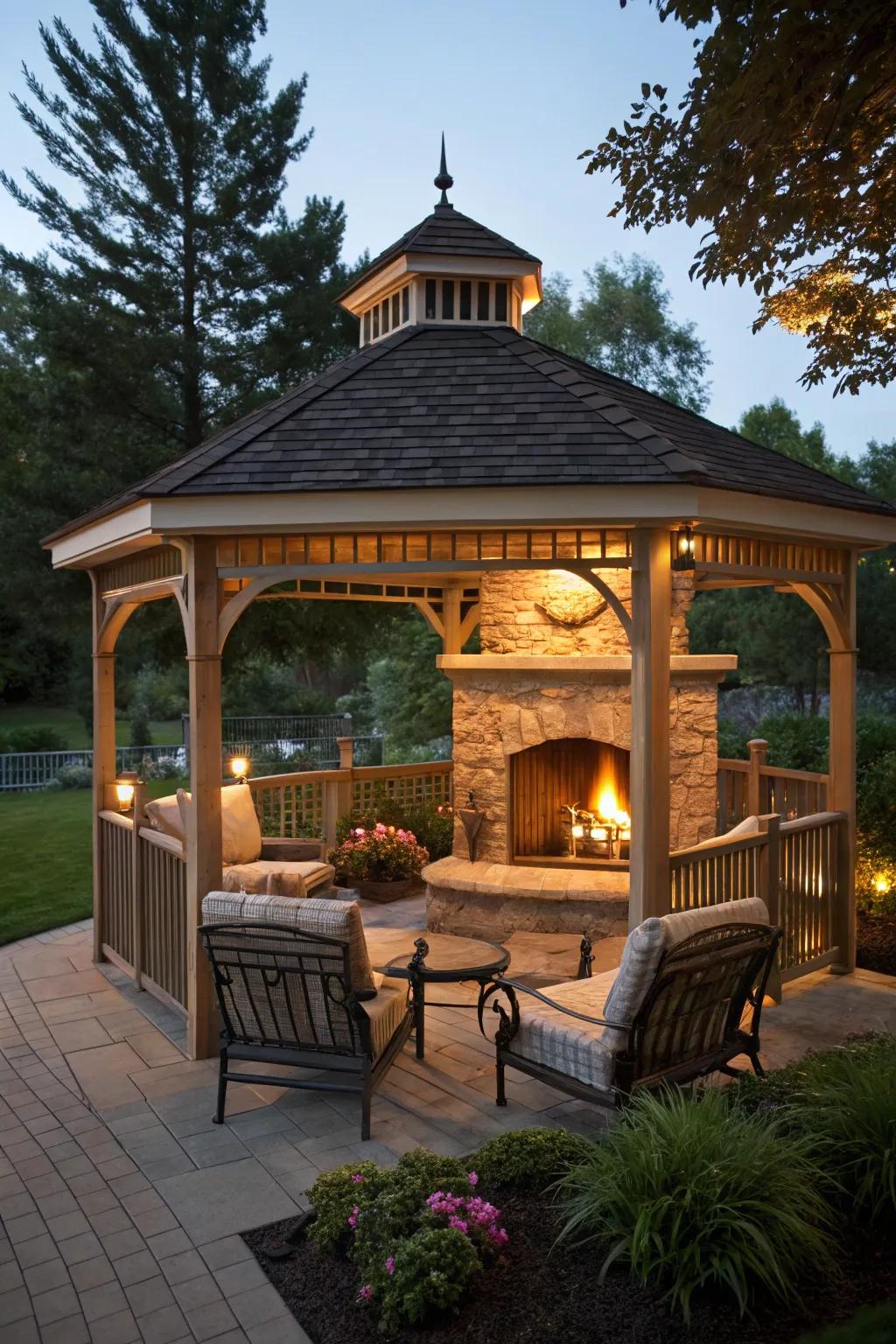 A warm and inviting gazebo with a central fireplace.