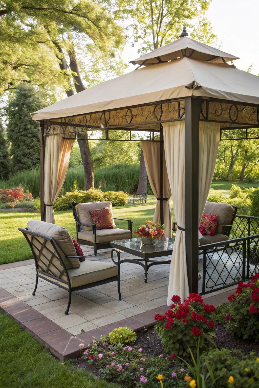 A cozy seating area within a garden gazebo.