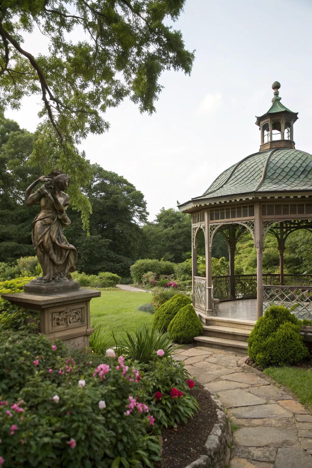 An artistic sculpture enhancing a gazebo's charm.