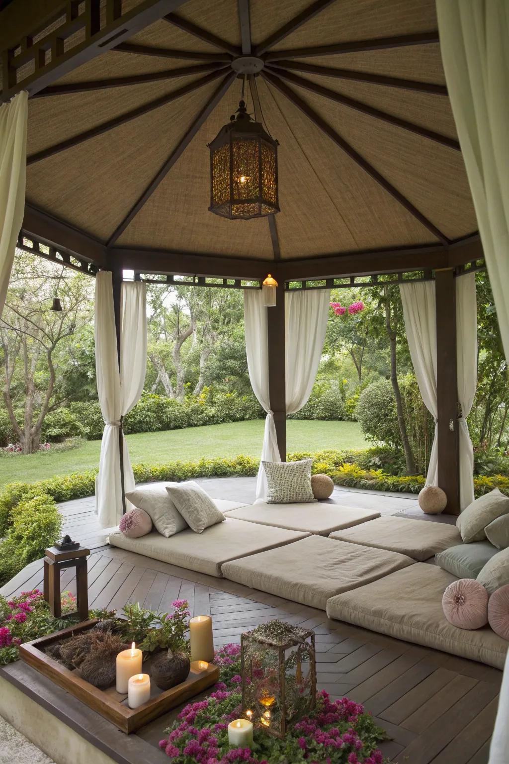 A serene meditation space within a garden gazebo.