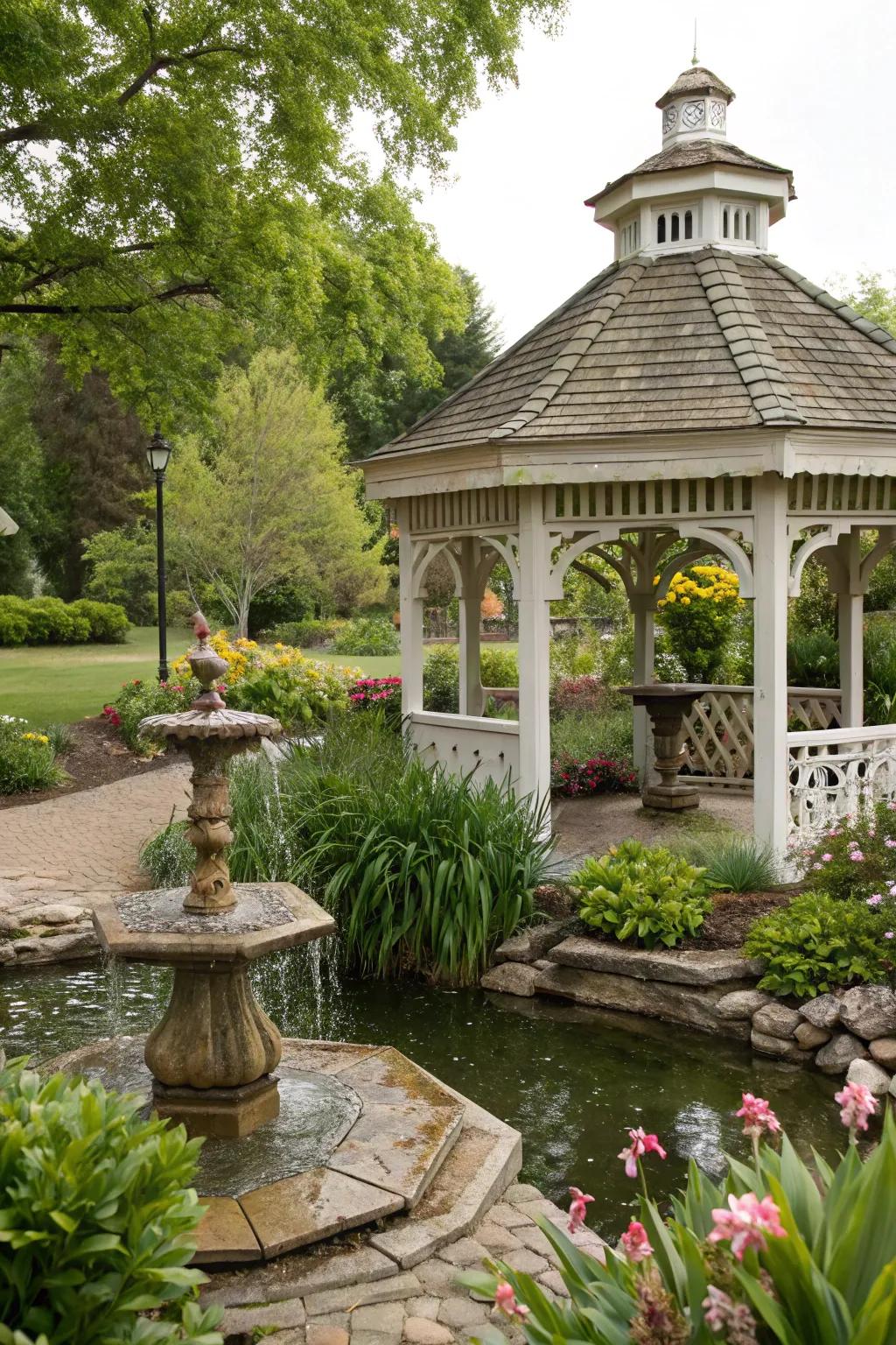 A tranquil gazebo with a soothing water feature.