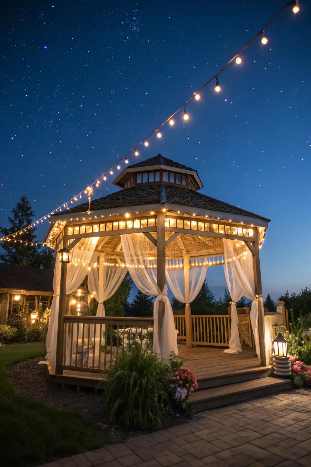 A gazebo aglow with enchanting string lights.