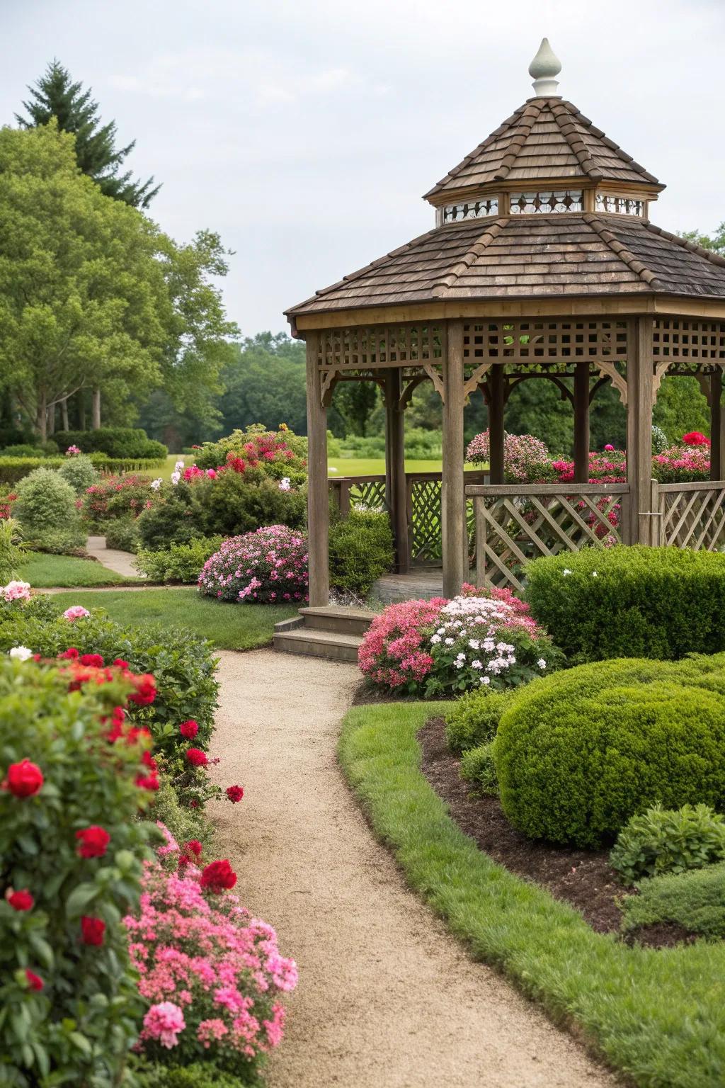 A gazebo embraced by lush, colorful landscaping.